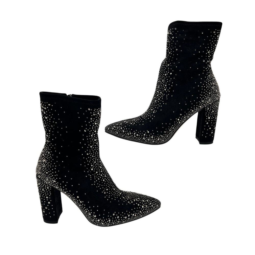 ISNOM Rhinestone Pointed Toe Ankle Boots Black Block Heel Sz 6 EU 36